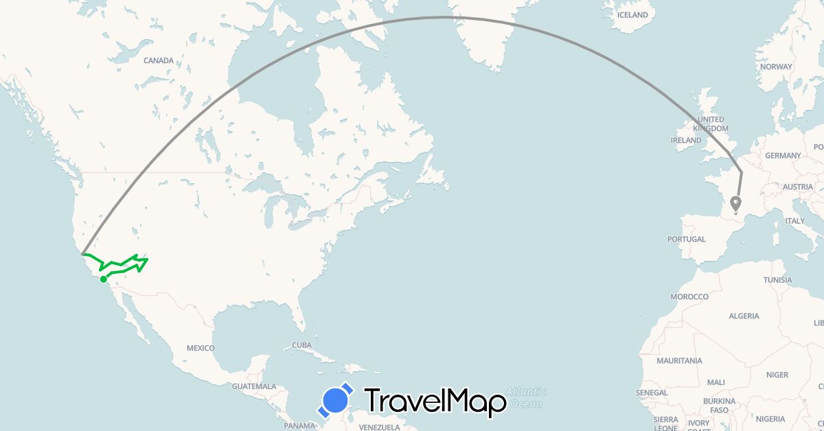 TravelMap itinerary: driving, bus, plane in France, United Kingdom, United States (Europe, North America)